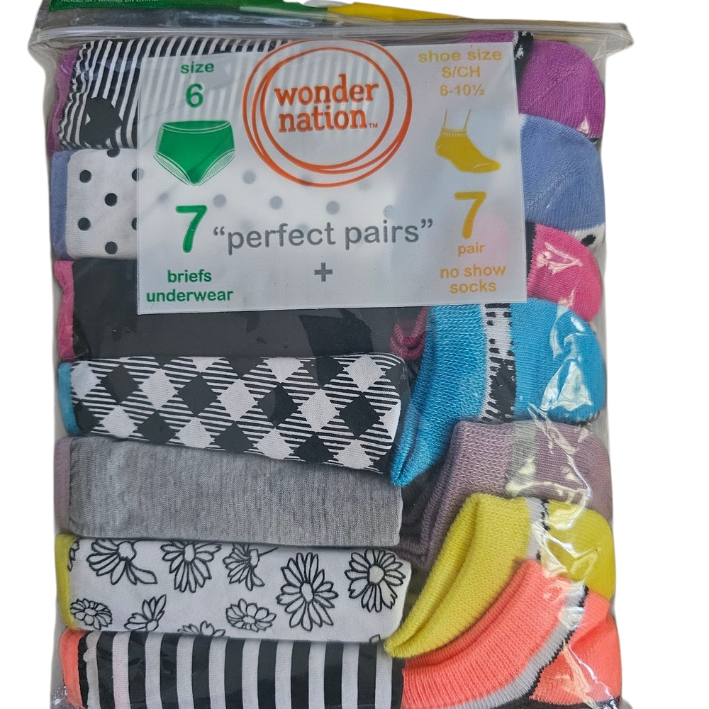 NWT | Wonder Nation Girl's Colorful Briefs and Socks Set | 7 Pairs | Size: 6